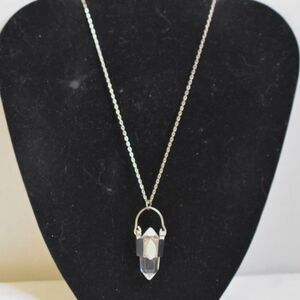 etc! Retired Clear Quartz Jade Like Stone Inlay Pendant Silver Tone 34" Necklace